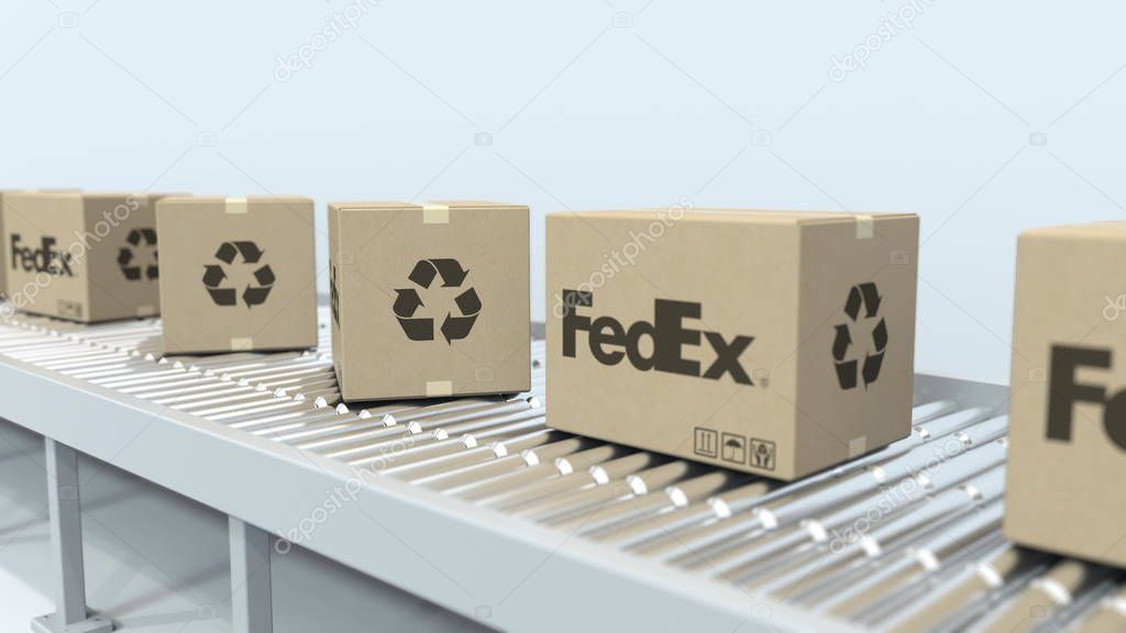 Many cartons with logo on roller conveyor. Editorial 3D