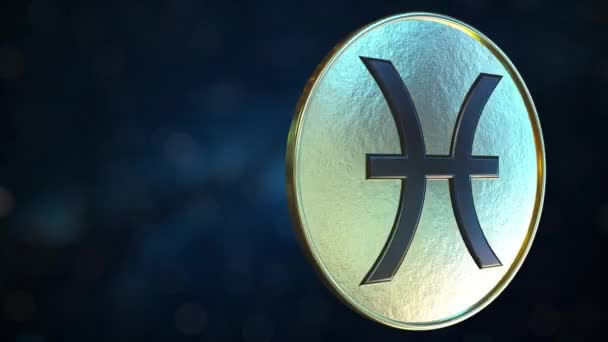 Złoty token ze znakiem zodiaku Ryby. Pętalne tło ruchu — Wideo stockowe