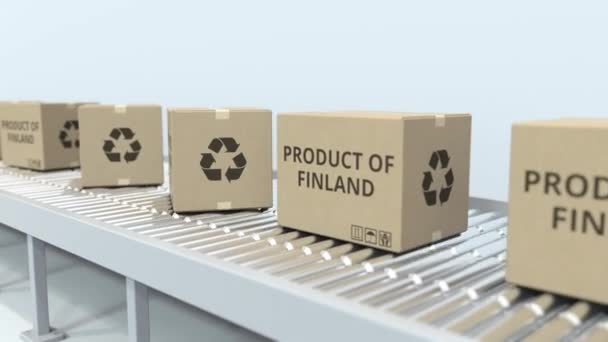 Boxes with PRODUCT OF FINLAND text on roller conveyor. Finnish import or export related 3D animation — Stock Video