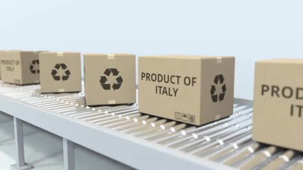 Rulo konveyör üzerinde Italya metin ürünleri ile kutular. İtalyan ithalat veya ihracat ilgili 3D animasyon — Stok video