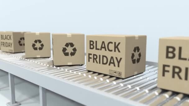 Kisten mit Black-Friday-Text auf Rollenbahn. Schlupflöcher 3D-Animation — Stockvideo