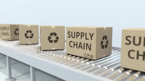 Dozen met supply chain tekst op rollen transporteur. Loop bare 3D-animatie — Stockvideo