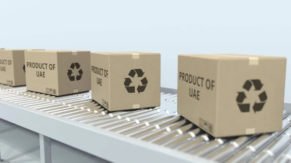 Kisten mit dem Produkt uae Text auf der Rollenbahn. Vereinigte Arabische Emirate Import oder Export bezogene 3D-Rendering — Stockfoto
