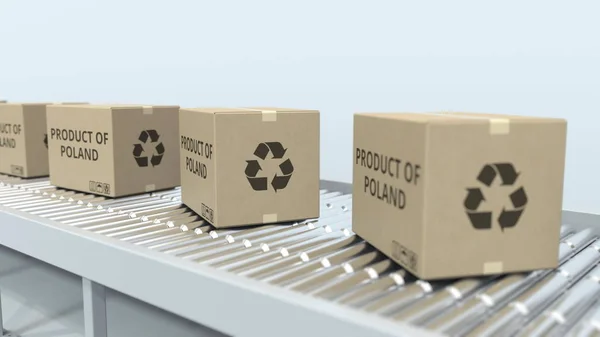 Κουτιά με προϊόν της Πολωνίας κείμενο σε κύλινδρο μεταφορέα. Πολωνική εισαγωγή ή εξαγωγή σχετικά με την απόδοση 3D — Φωτογραφία Αρχείου