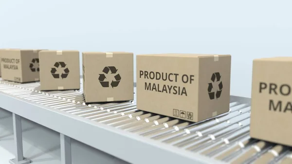 Boxes with PRODUCT OF MALAYSIA text on roller conveyor. Malaysian import or export related 3D rendering — Stock Photo, Image