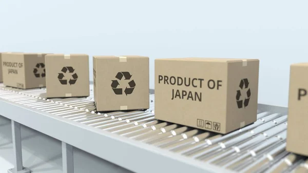 Cartones con PRODUCTO DE JAPÓN texto en transportador de rodillos. Importación o exportación japonesa relacionada con la representación 3D —  Fotos de Stock