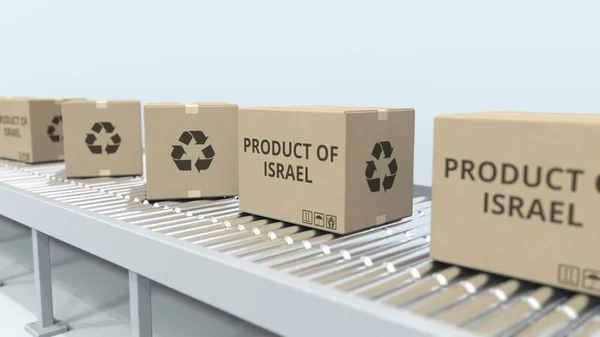 Κουτιά με προϊόν του Ισραήλ κείμενο στον κύλινδρο μεταφορέα. Ισραηλινή εισαγωγή ή εξαγωγή σχετικά με 3D απόδοση — Φωτογραφία Αρχείου