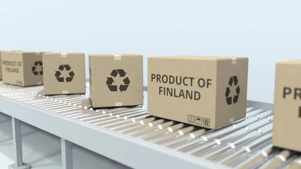 Boxes with PRODUCT OF FINLAND text on roller conveyor. Finnish import or export related 3D rendering — Stock Photo, Image