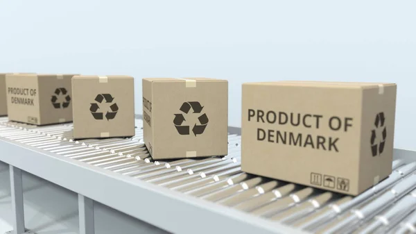 Boxes with PRODUCT OF DENMARK text on roller conveyor. Danish import or export related 3D rendering — Stock Photo, Image
