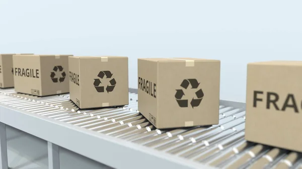 Boxes with FRAGILE text on roller conveyor. 3D rendering — Stock Photo, Image