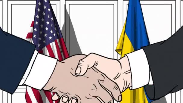 Οι επιχειρηματίες ή οι πολιτικοί κάνουν χειραψία με τις σημαίες των ΗΠΑ και της Ουκρανίας. Επίσημη συνάντηση ή συνεργασία σχετικά με κινούμενα σχέδια κινουμένων σχεδίων — Αρχείο Βίντεο