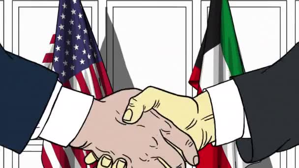 Empresarios o políticos se dan la mano contra las banderas de Estados Unidos y Kuwait. Reunión oficial o animación de dibujos animados relacionados con la cooperación — Vídeos de Stock