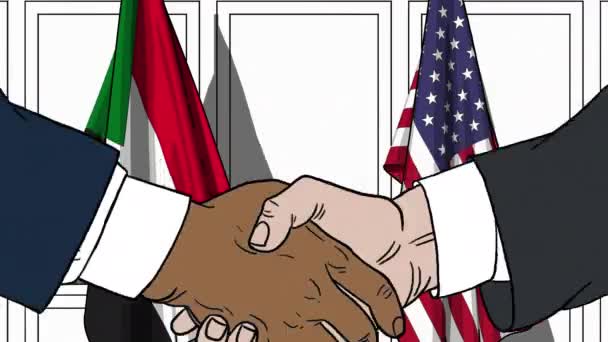 Podnikatelé a politici si potřásli rukama proti vlajkám Súdánu a USA. Karikatura související s oficiálním zasedáním nebo spoluprací — Stock video