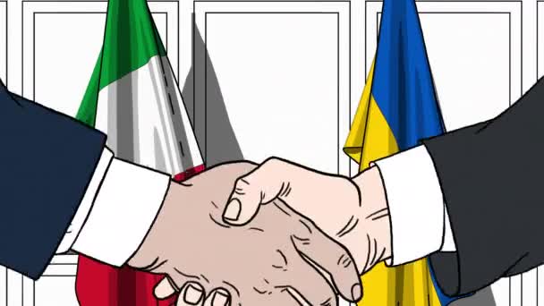 ビジネスマンや政治家はイタリアとウクライナの旗に対して握手をします。公式ミーティングまたは協力関連漫画アニメ — ストック動画