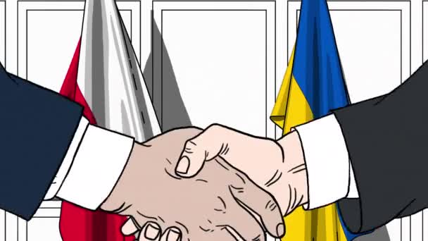 Οι επιχειρηματίες ή οι πολιτικοί κάνουν χειραψία με τις σημαίες της Πολωνίας και της Ουκρανίας. Επίσημη συνάντηση ή συνεργασία σχετικά με κινούμενα σχέδια κινουμένων σχεδίων — Αρχείο Βίντεο
