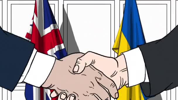 Businessmen or politicians shake hands against flags of United Kingdom and Ukraine. Official meeting or cooperation related cartoon animation — Stock Video