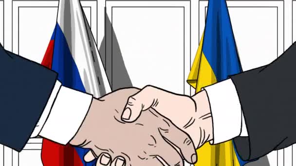 Geschäftsleute oder Politiker schütteln Hände gegen Fahnen Russlands und der Ukraine. offizielles Treffen oder Zusammenarbeit im Zusammenhang mit Zeichentrickfilmen — Stockvideo