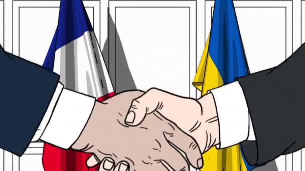 Zakenlieden of politici schudden de handen tegen de vlaggen van Frankrijk en Oekraïne. Officiële ontmoeting of samenwerking gerelateerde cartoon animatie — Stockvideo