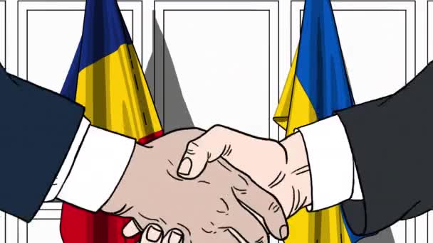 Affärsmän eller politiker skakar hand mot Rumäniens och Ukrainas flaggor. Officiellt möte eller samarbete relaterad tecknad animation — Stockvideo