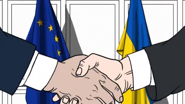 Businessmen or politicians shake hands against flags of EU and Ukraine. Official meeting or cooperation related cartoon animation — Stock Video