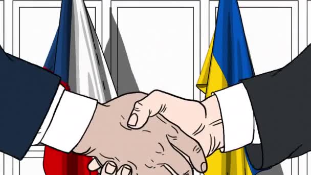 Des hommes d'affaires ou des politiciens serrent la main contre les drapeaux de la République tchèque et de l'Ukraine. Réunion officielle ou animation de bande dessinée liée à la coopération — Video