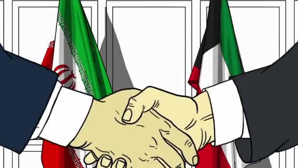 ビジネスマンや政治家はイランとクウェートの旗に対して握手をします。公式ミーティングまたは協力関連漫画アニメ — ストック動画
