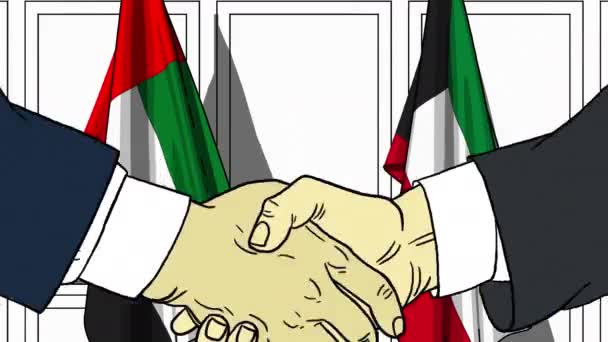 Empresarios o políticos se dan la mano contra las banderas de Emiratos Árabes Unidos y Kuwait. Reunión oficial o animación de dibujos animados relacionados con la cooperación — Vídeos de Stock