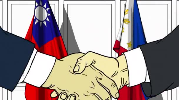 Empresarios o políticos se dan la mano contra banderas de Taiwán y Filipinas. Reunión oficial o animación de dibujos animados relacionados con la cooperación — Vídeos de Stock