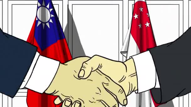 Businessmen or politicians shake hands against flags of Taiwan and Singapore. Official meeting or cooperation related cartoon animation — Stock Video