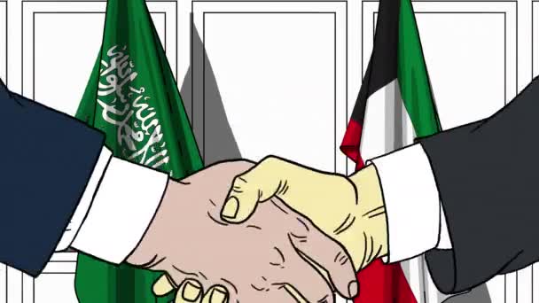商人或政治家与沙特阿拉伯和科威特国旗握手。官方会议或合作相关的卡通动画 — 图库视频影像