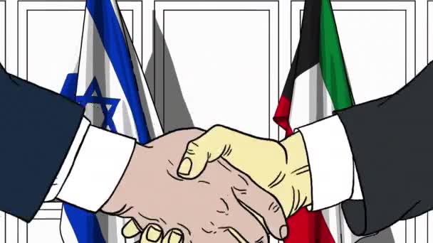 Geschäftsleute oder Politiker schütteln Hände gegen Flaggen von Israel und Kuwait. offizielles Treffen oder Zusammenarbeit im Zusammenhang mit Zeichentrickfilmen — Stockvideo