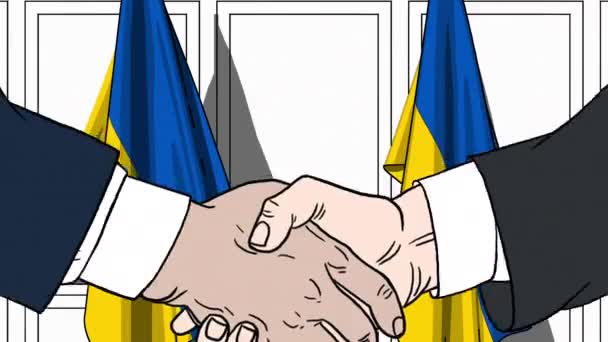 Бизнесмены или политики пожимают руку флагу Украины. Встреча или сотрудничество в области мультипликации — стоковое видео