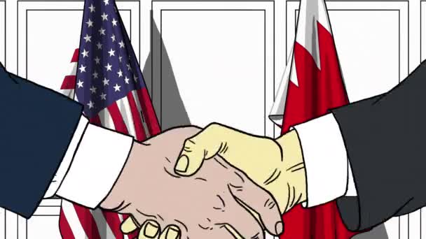 Οι επιχειρηματίες ή οι πολιτικοί κάνουν χειραψία με τις σημαίες των ΗΠΑ και του Μπαχρέιν. Επίσημη συνάντηση ή συνεργασία σχετικά με κινούμενα σχέδια κινουμένων σχεδίων — Αρχείο Βίντεο