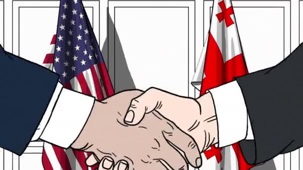 Бизнесмены или политики пожимают руку флагу США и Грузии. Официальная встреча или сотрудничество по анимации мультфильмов — стоковое видео