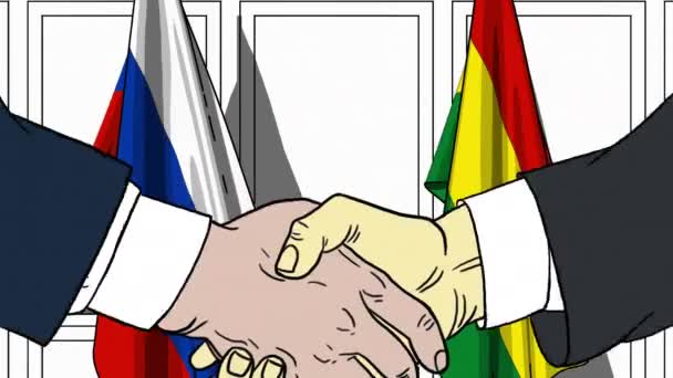 Businessmen or politicians shake hands against flags of Russia and Bolivia. Official meeting or cooperation related cartoon animation — Stock Video