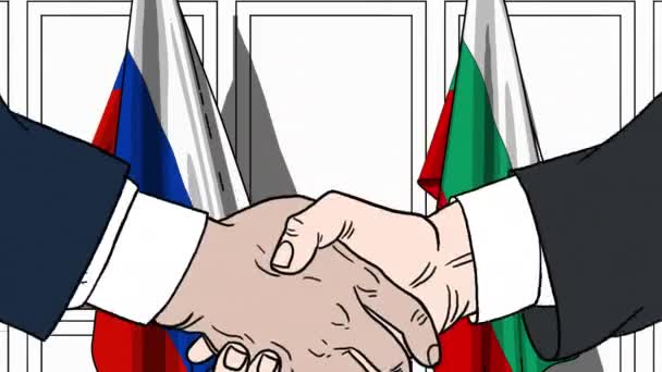 Zakenlieden of politici schudden de handen tegen de vlaggen van Rusland en Bulgarije. Officiële ontmoeting of samenwerking gerelateerde cartoon animatie — Stockvideo