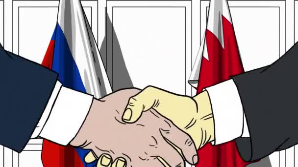 ビジネスマンや政治家はロシアとバーレーンの旗に対して握手をします。公式ミーティングまたは協力関連漫画アニメ — ストック動画