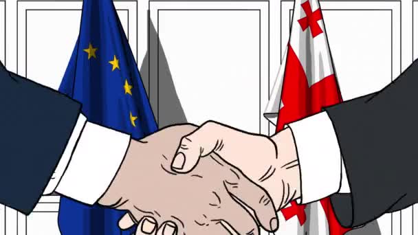Οι επιχειρηματίες ή οι πολιτικοί κάνουν χειραψία με τις σημαίες της ΕΕ και της γεωργίας. Επίσημη συνάντηση ή συνεργασία σχετικά με κινούμενα σχέδια κινουμένων σχεδίων — Αρχείο Βίντεο