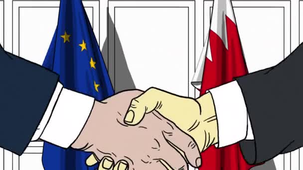 Businessmen or politicians shake hands against flags of EU and Bahrain. Official meeting or cooperation related cartoon animation — Stock Video