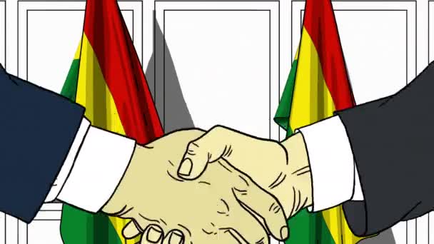 Businessmen or politicians shaking hands against flags of Bolivia. Meeting or cooperation related cartoon animation — Stock Video