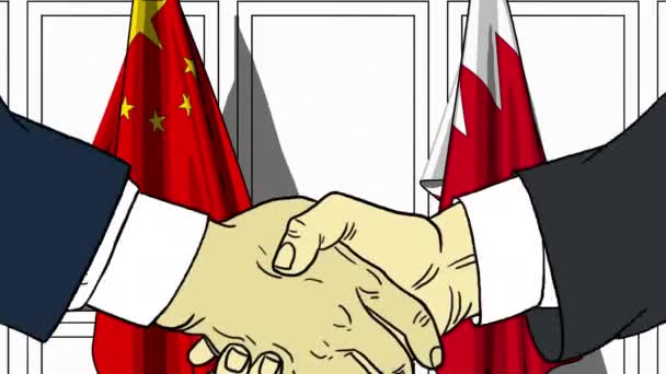 Zakenlieden of politici schudden de handen tegen de vlaggen van China en Bahrein. Officiële ontmoeting of samenwerking gerelateerde cartoon animatie — Stockvideo