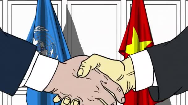 Geschäftsleute oder Politiker schütteln Hände gegen Flaggen vereinter Nationen und Vietnams. offizielles Treffen oder kooperationsbezogene redaktionelle Animation — Stockvideo