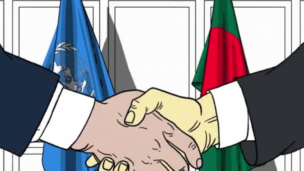 기업인이나 정치인들이 유엔과 방글라데시의 국기에 맞서 악수를 하고 있다. 공식 회의 또는 협력 관련 편집 애니메이션 — 비디오