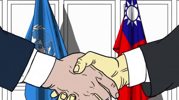 Businessmen or politicians shake hands against flags of United Nations and Taiwan. Official meeting or cooperation related editorial animation — Stock Video