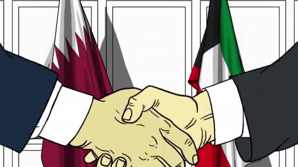Geschäftsleute oder Politiker schütteln gegen Flaggen Katars und Kuwaits die Hand. offizielles Treffen oder Zusammenarbeit im Zusammenhang mit Zeichentrickfilmen — Stockvideo