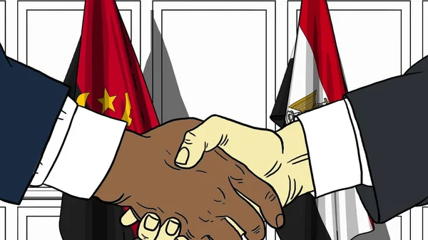 사업가나 정치인들이 앙골라와 이집트의 국기에 악수를 하고 있다. 공식 회의 또는 협력 관련 만화 일러스트 — 스톡 사진