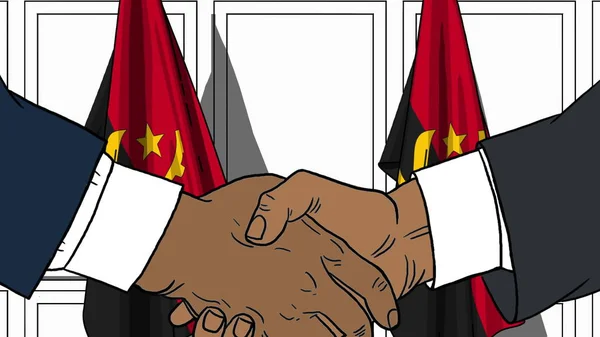 Businessmen or politicians shaking hands against flags of Angola. Meeting or cooperation related cartoon illustration — Stock Photo, Image