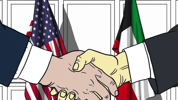 Uomini d'affari o politici stringono la mano contro le bandiere di Stati Uniti e Kuwait. Riunione ufficiale o illustrazione dei cartoni animati relativi alla cooperazione — Foto Stock