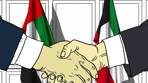 Empresários ou políticos apertam as mãos contra bandeiras dos Emirados Árabes Unidos e do Kuwait. Reunião oficial ou ilustração de desenhos animados relacionados com a cooperação — Fotografia de Stock