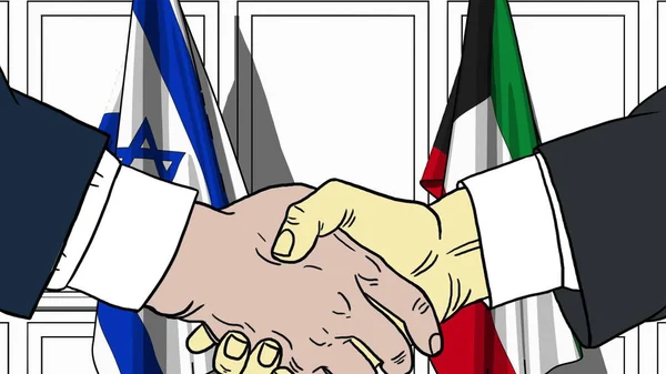 Des hommes d'affaires ou des politiciens serrent la main contre les drapeaux d'Israël et du Koweït. Réunion officielle ou illustration de bande dessinée liée à la coopération — Photo